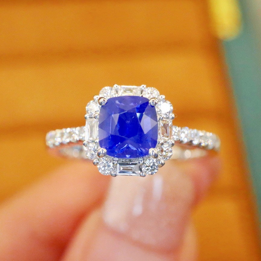 14k Gold 1.45 Ctw Natural Sapphire & Diamond Ring: Ref:230976274 // gold content:14k gold // ring size:7. 25us // // main gemstone:sapphire // shape:cushion // carat weight:1. 10ct // color:royal blue // treatment:natural // // adjacent gemstone 2