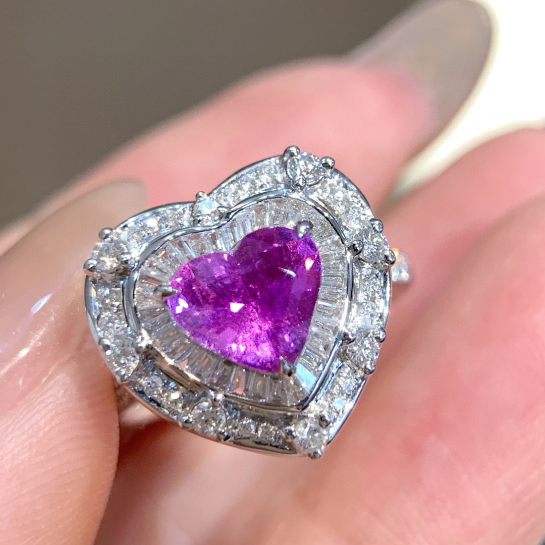 14k Gold 2.27 Ctw Natural Sapphire & Diamond Ring: Ref:230976276 // gold content:14k gold // ring size:7. 25us // // main gemstone:sapphire // shape:heart // carat weight:1. 63ct // color:purple // treatment:natural // // adjacent gemstone 2 :