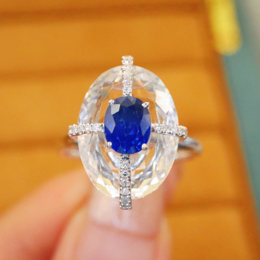 14k Gold 1.00 Ctw Natural Sapphire & Diamond Ring: Ref:230976301 // gold content:14k gold // ring size:7. 25us // // main gemstone:sapphire // shape:oval // carat weight:0. 88ct // color:royal blue // treatment:natural // // adjacent gemstone 2 :