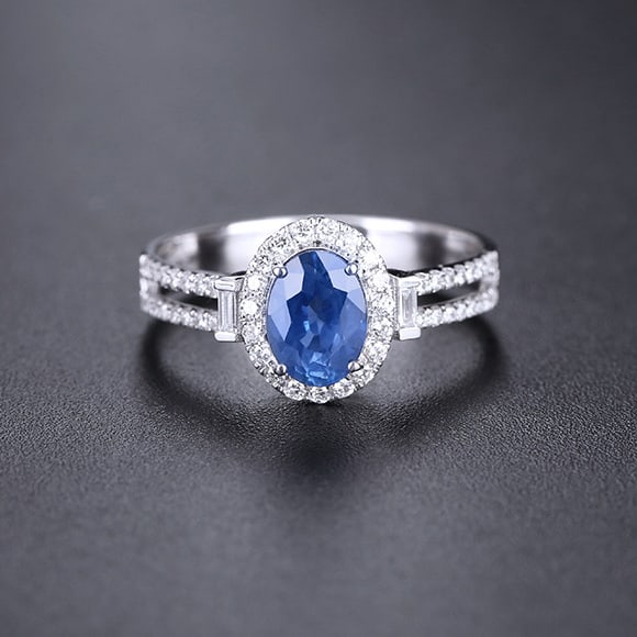 14k Gold 1.24 Ctw Natural Sapphire & Diamond Ring: Ref:230976303 // gold content:14k gold // ring size:7. 25us // // main gemstone:sapphire // shape:oval // carat weight:1ct // color:blue // treatment:natural // // adjacent gemstone 2 : diamond //