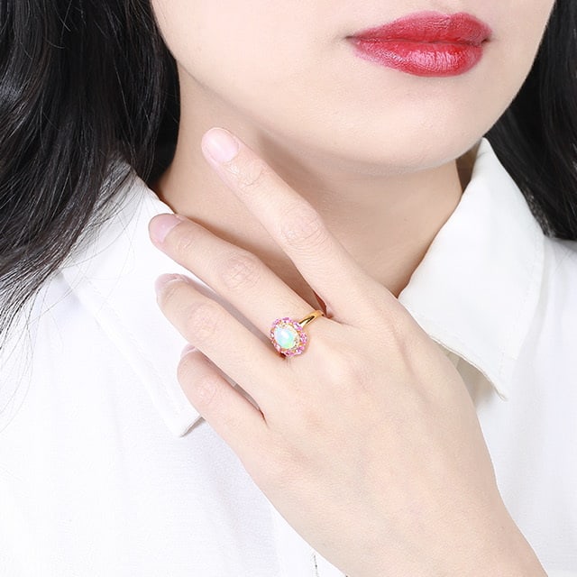 14k Gold 0.78 Ctw Natural Opal & Diamond Ring - 6