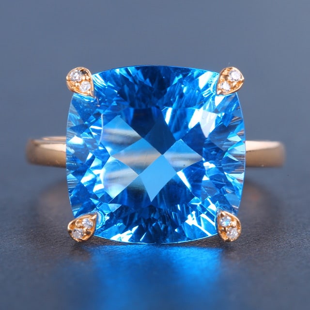 14k Gold 10.66 Ctw Natural Topaz & Diamond Ring: Ref:230976321 // gold content:14k gold // ring size:7. 25us // // main gemstone:topaz // shape:cushion // carat weight:10. 63ct // color:blue // treatment:natural // // adjacent gemstone 2 :