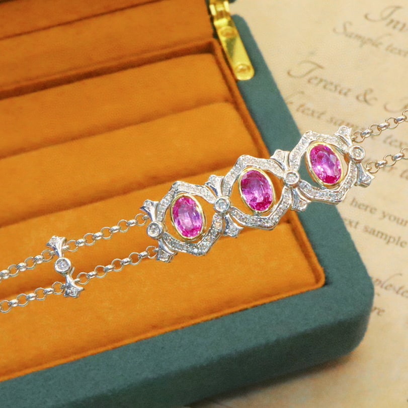 14k Gold 1.94 Ctw Natural Padparadscha Sapphire & Diamond Bracelet - 2