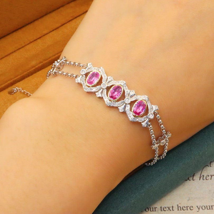 14k Gold 1.94 Ctw Natural Padparadscha Sapphire & Diamond Bracelet - 5