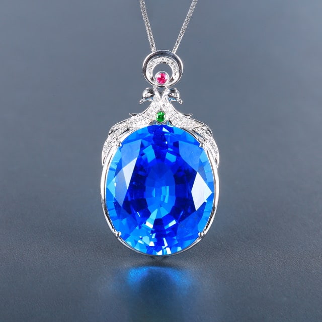 14k Gold 60.29 Ctw Natural Topaz & Diamond Pendant( Without Chain ): Ref:230976368 // gold content:14k gold // main gemstone:topaz // shape:oval // carat weight:60. 11ct // color:blue // treatment:natural // // adjacent gemstone 2 : diamond // number of stones:61 //