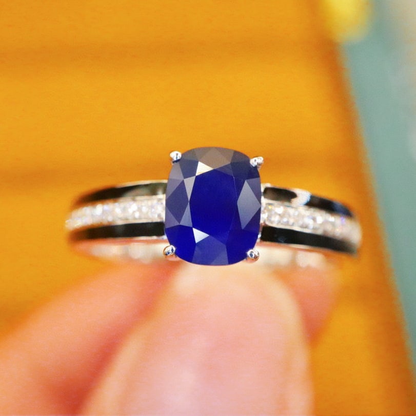 14k Gold 1.25 Ctw Natural Sapphire & Diamond Ring: Ref:230976379 // gold content:14k gold // ring size:7. 25us // // main gemstone:sapphire // shape:cushion // carat weight:1. 15ct // color:royal blue // treatment:natural // // adjacent gemstone 2