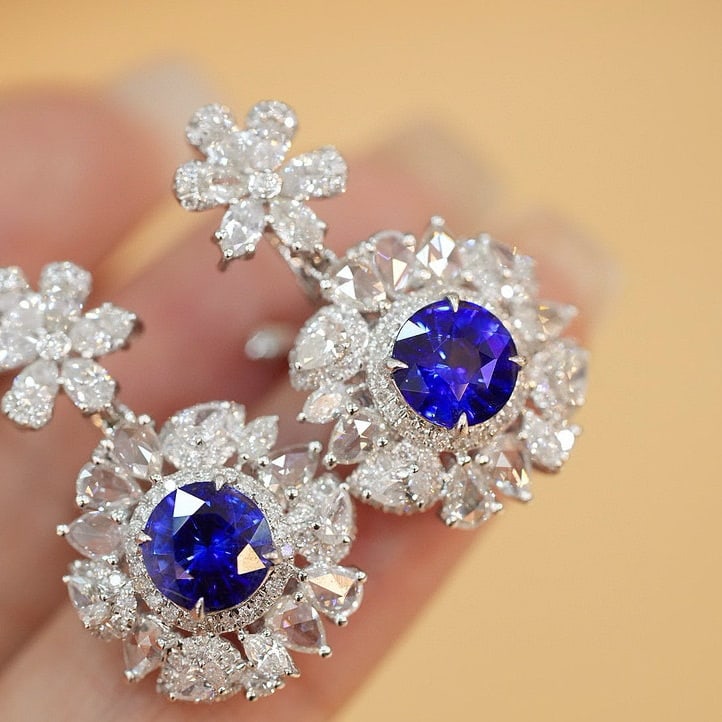 14k Gold 4.99 Ctw Natural Sapphire & Diamond Earrings: Ref:230976381 // gold content:14k gold // main gemstone:sapphire // shape:round // carat weight:2. 33ct // color:royal blue // treatment:natural // cut grade:g // // adjacent gemstone 2 : diamond