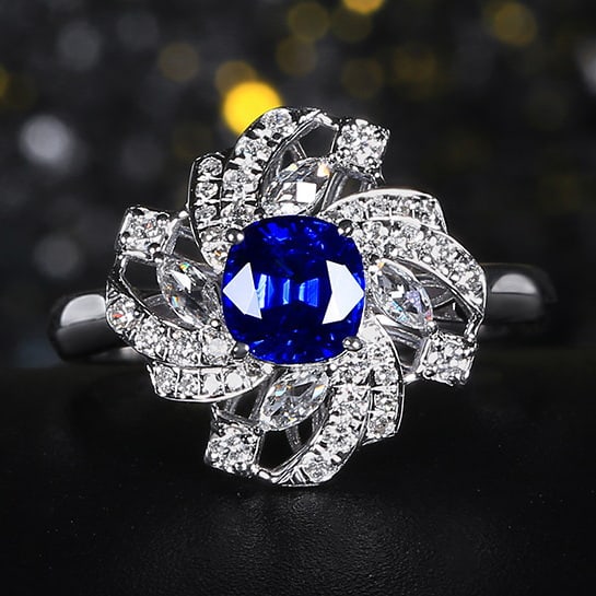 14k Gold 1.55 Ctw Natural Sapphire & Diamond Ring: Ref:230976429 // gold content:14k gold // ring size:7. 25us // // main gemstone:sapphire // shape:cushion // carat weight:1. 13ct // color:royal blue // treatment:natural // // adjacent gemstone 2 : d