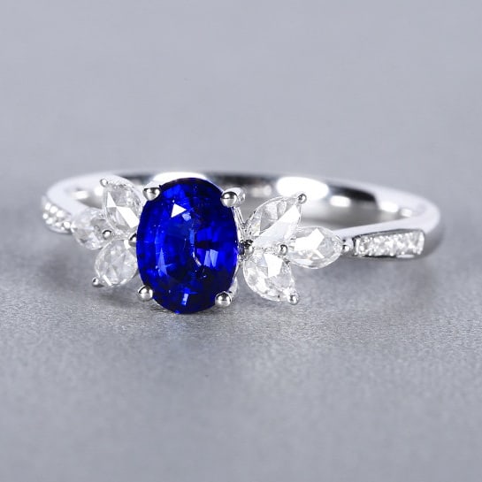 14k Gold 1.10 Ctw Natural Sapphire & Diamond Ring: Ref:230976430 // gold content:14k gold // ring size:7. 25us // // main gemstone:sapphire // shape:oval // carat weight:0. 9ct // color:royal blue // treatment:natural // // adjacent gemstone 2 :