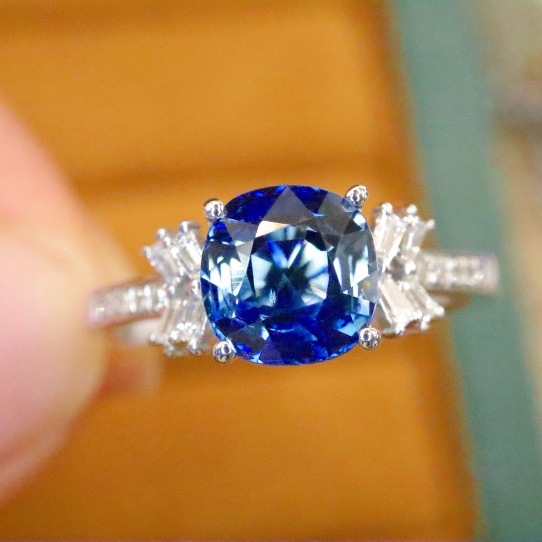 14k Gold 1.85 Ctw Natural Sapphire & Diamond Ring: Ref:230976431 // gold content:14k gold // ring size:7. 25us // // main gemstone:sapphire // shape:cushion // carat weight:1. 72ct // color:royal blue // treatment:natural // // adjacent gemstone 2