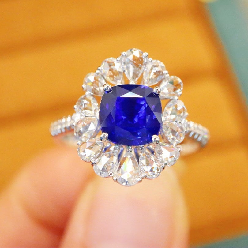 14k Gold 2.32 Ctw Natural Sapphire & Diamond Ring: Ref:230976433 // gold content:14k gold // ring size:7. 25us // // main gemstone:sapphire // shape:cushion // carat weight:1. 58ct // color:royal blue // treatment:natural // // adjacent gemstone 2 : d