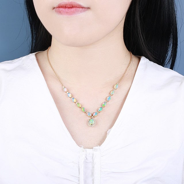 14k Gold 5.78 Ctw Natural Opal & Diamond Necklace - 6
