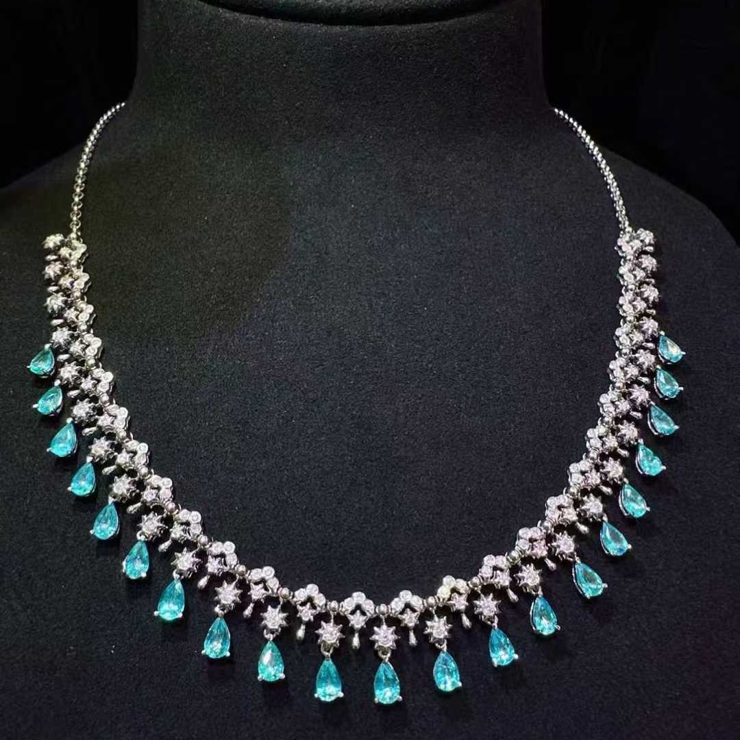 14k Gold 4.86 Ctw Natural Paraiba Tourmaline & Diamond Necklace - 3