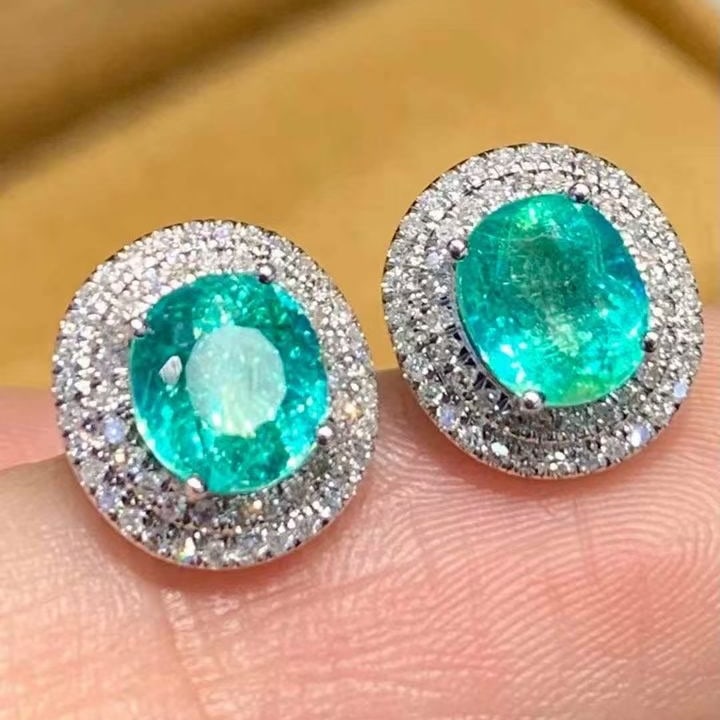 14k Gold 1.88 Ct Natural Paraiba Tourmaline & Diamond Earrings - 2