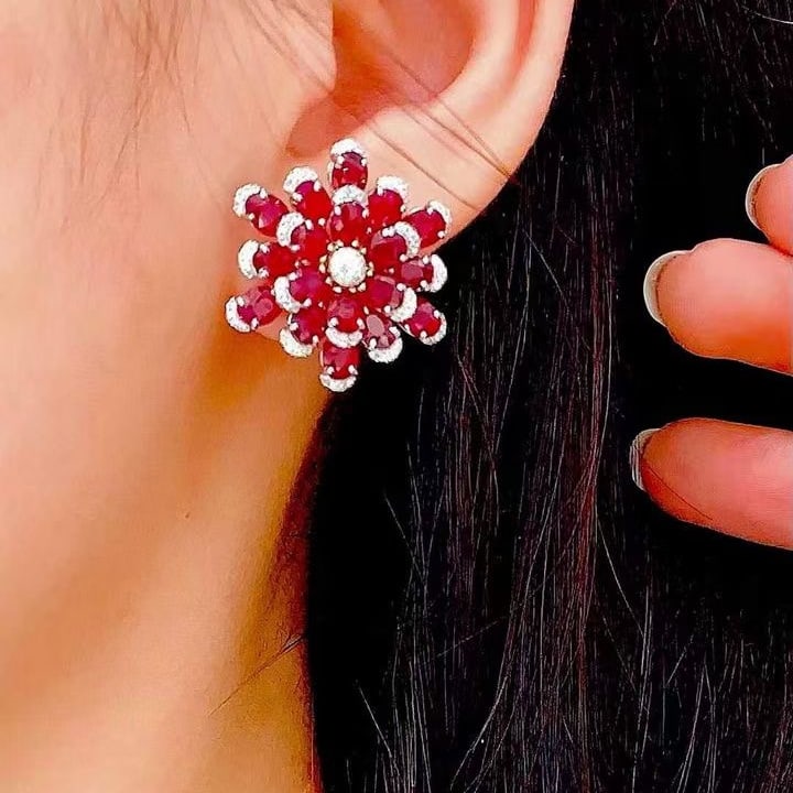 14k Gold 11.25 Ct Natural Ruby & Diamond Earrings - 3