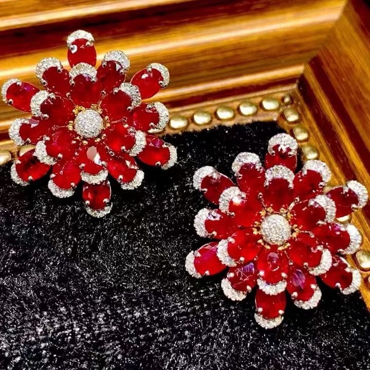 14k Gold 11.25 Ct Natural Ruby & Diamond Earrings - 4