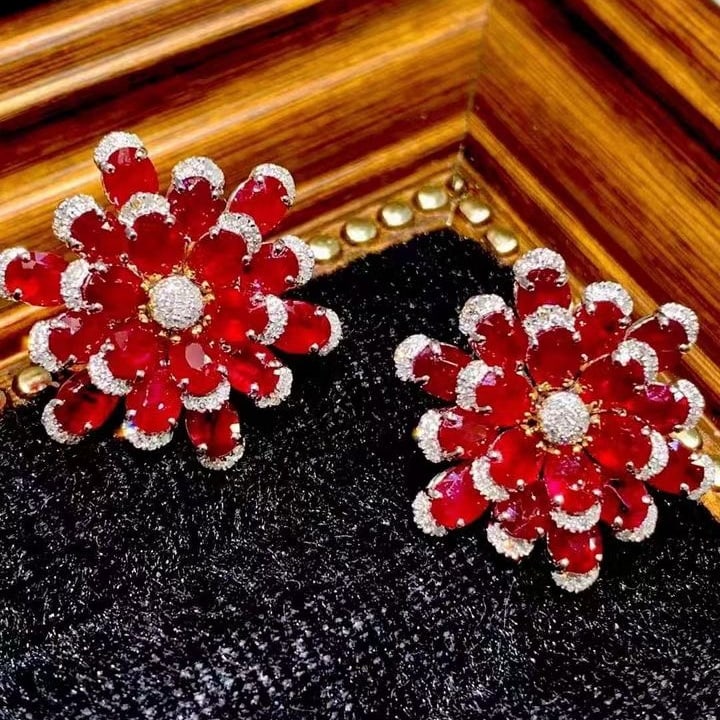 14k Gold 11.25 Ct Natural Ruby & Diamond Earrings - 6