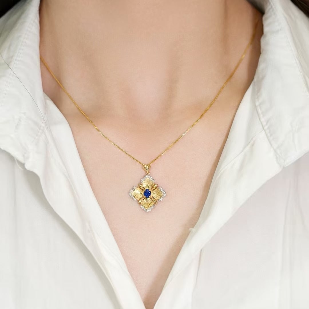 14k Gold 0.68 Ctw Natural Sapphire & Diamond Pendant( Without Chain ) - 3