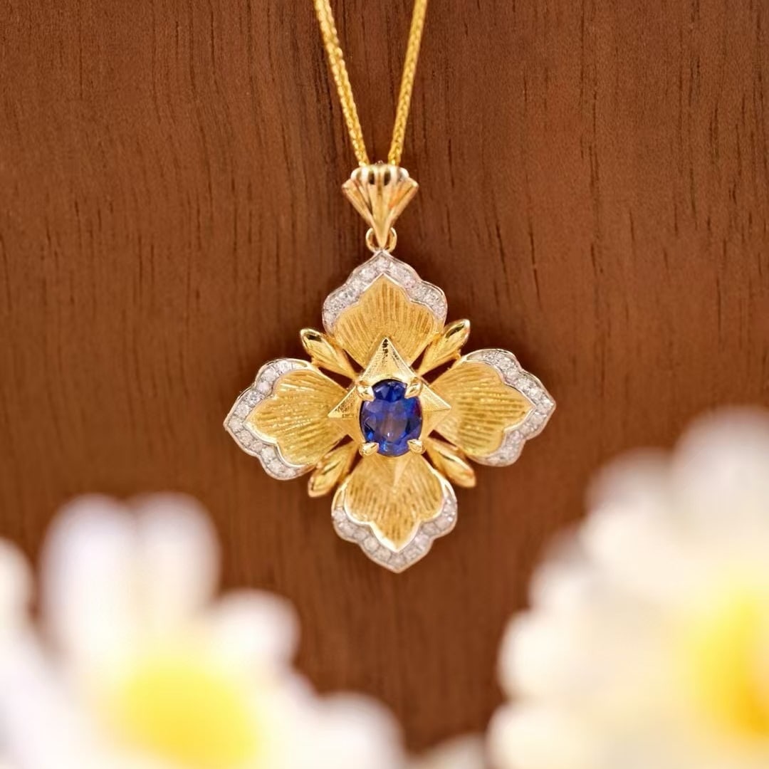 14k Gold 0.68 Ctw Natural Sapphire & Diamond Pendant( Without Chain ) - 4