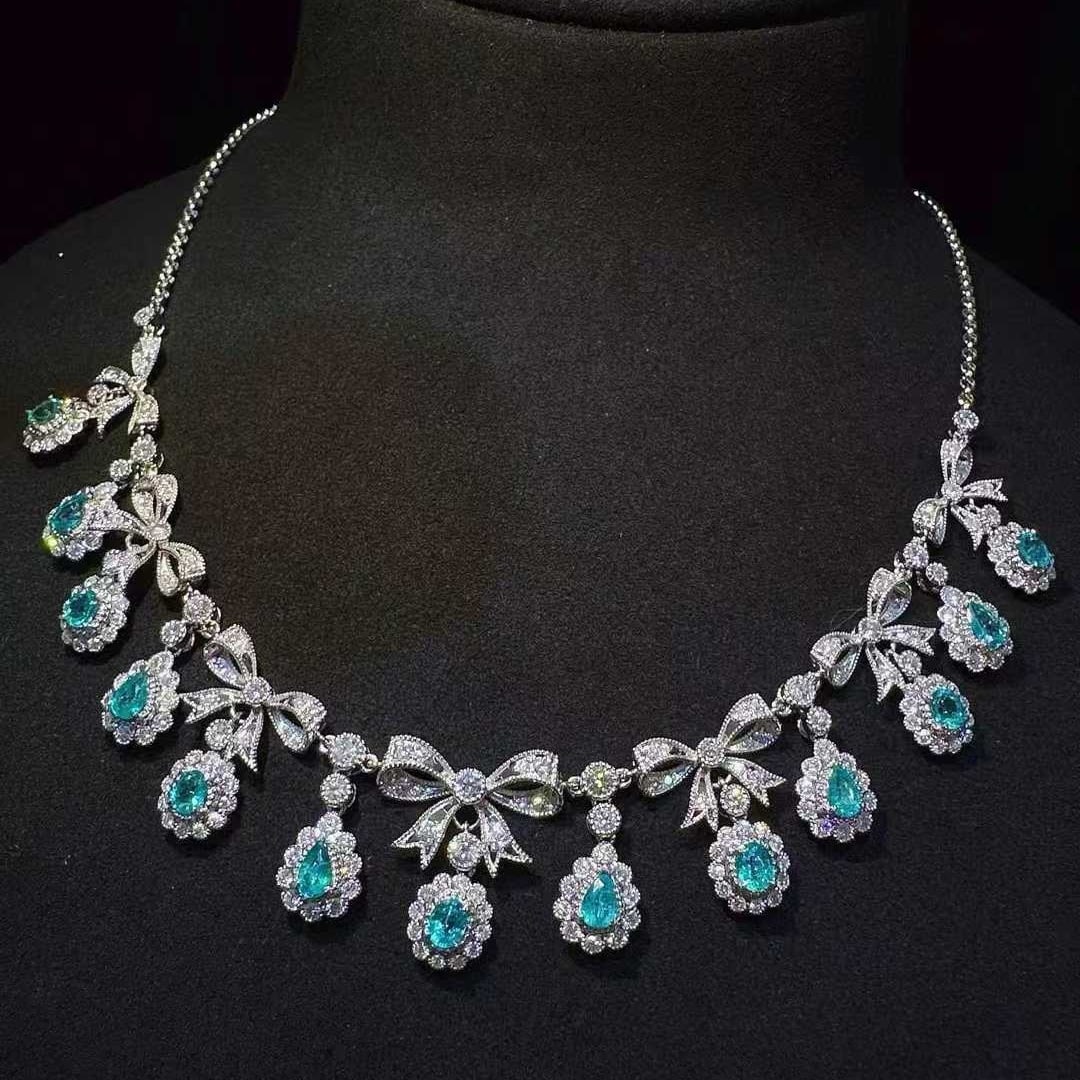 14k Gold 5.93 Ctw Natural Paraiba Tourmaline & Diamond Necklace - 2