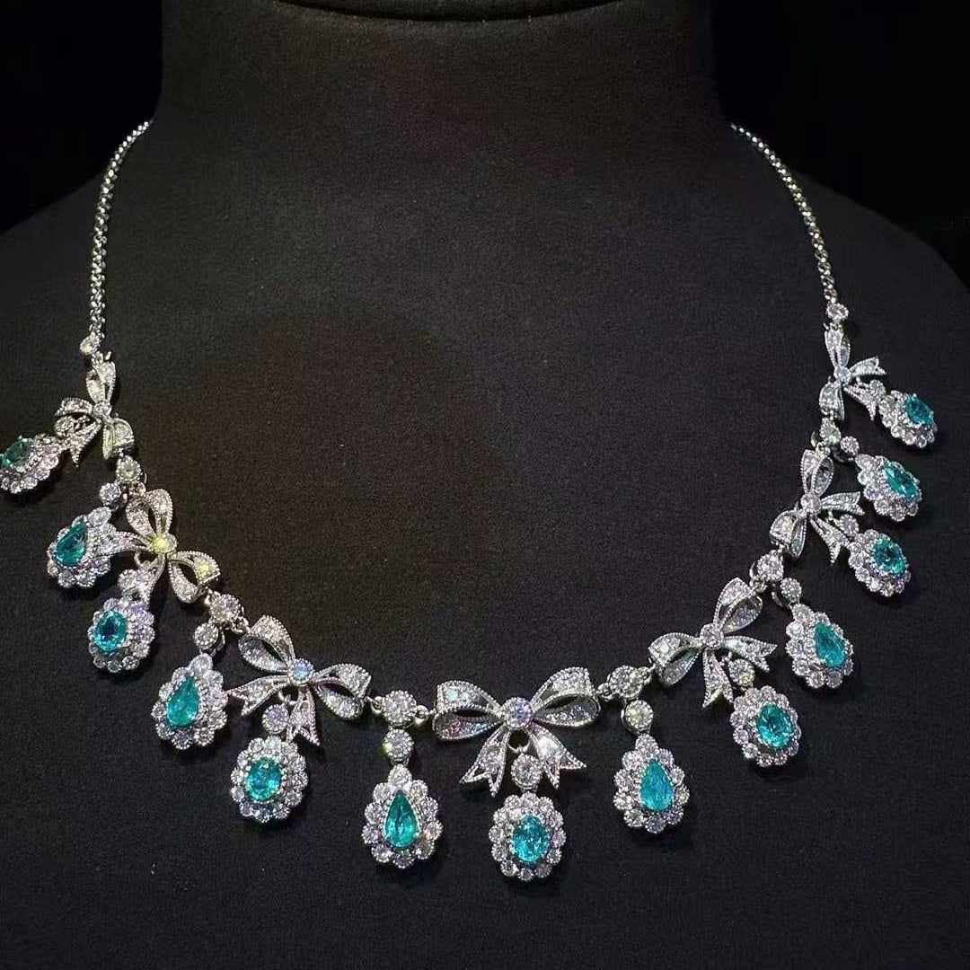 14k Gold 5.93 Ctw Natural Paraiba Tourmaline & Diamond Necklace - 3