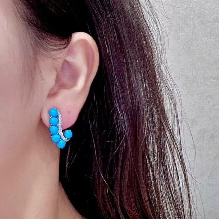 14k Gold 6.34 Ctw Natural Blue Turquoise & Diamond Earrings - 4