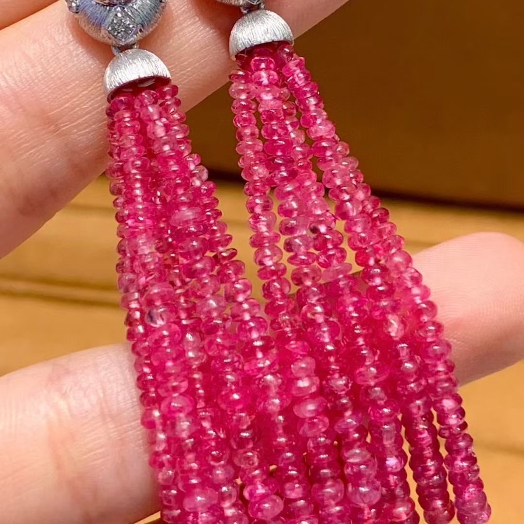 14k Gold 54.57 Ct Natural Spinel & Diamond Earrings: Ref:231133065 // gold content:14k gold // main gemstone:spinel // shape:bead // carat weight:54. 57ct // color:pink // treatment:natural // // adjacent gemstone 2 : diamond // shape:round //