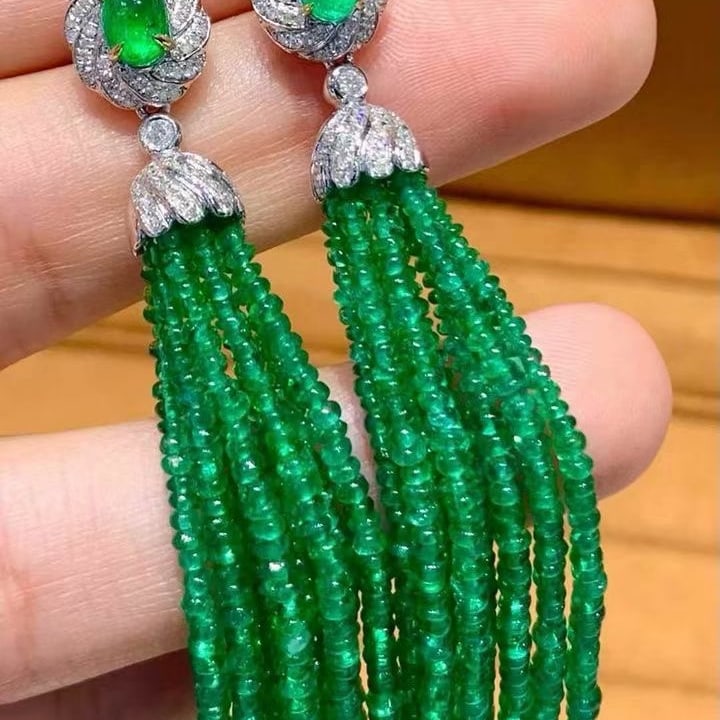 14k Gold 45 Ct Natural Emerald & Diamond Earrings - 5