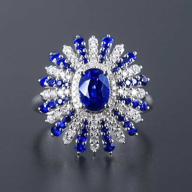 14k Gold 1.74 Ctw Natural Sapphire & Sapphire Ring: Ref:231133078 // gold content:14k gold // ring size:7. 25us // // main gemstone:sapphire // shape:oval // carat weight:1. 29ct // color:blue // treatment:natural // // adjacent gemstone 2 :