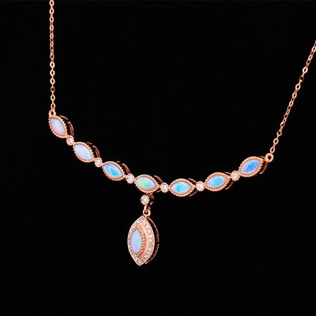 14k Gold 0.79 Ctw Natural Opal & Diamond Necklace - 2