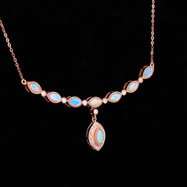 14k Gold 0.79 Ctw Natural Opal & Diamond Necklace - 3