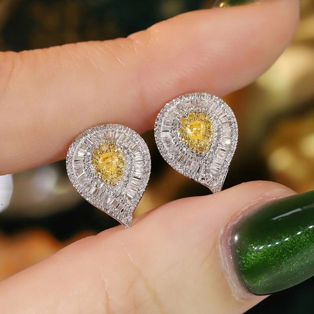 14k Gold 0.80 Ctw Natural Yellow Diamond & Diamond Earrings - 5