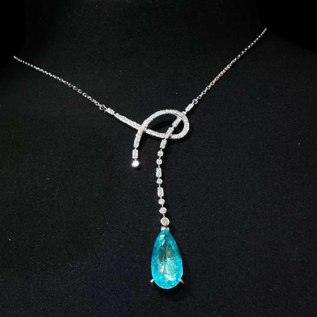 14k Gold 2.10 Ctw Natural Paraiba Tourmaline & Diamond Necklace - 2