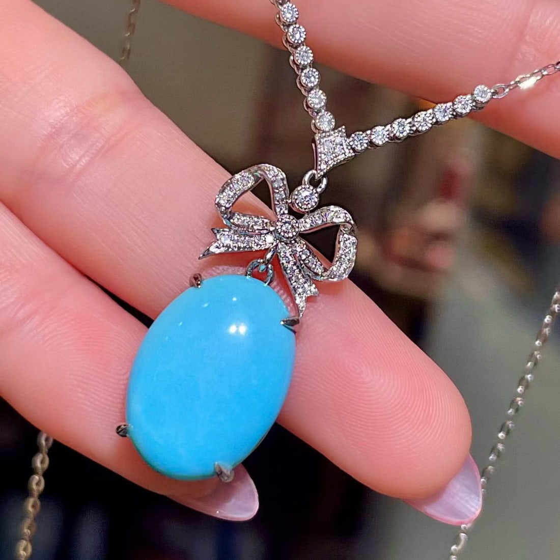 14k Gold 7.54 Ctw Natural Blue Turquoise & Diamond Necklace - 2