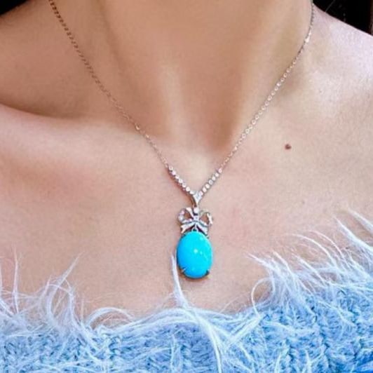 14k Gold 7.54 Ctw Natural Blue Turquoise & Diamond Necklace - 3