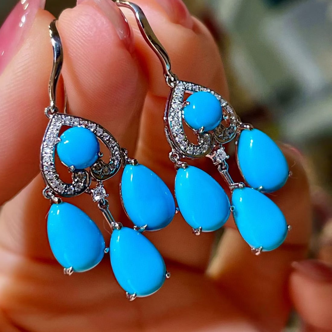 14k Gold 9.22 Ctw Natural Blue Turquoise & Diamond Earrings - 2