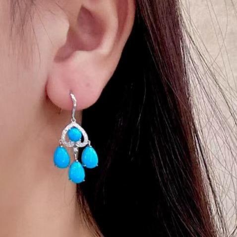 14k Gold 9.22 Ctw Natural Blue Turquoise & Diamond Earrings - 4