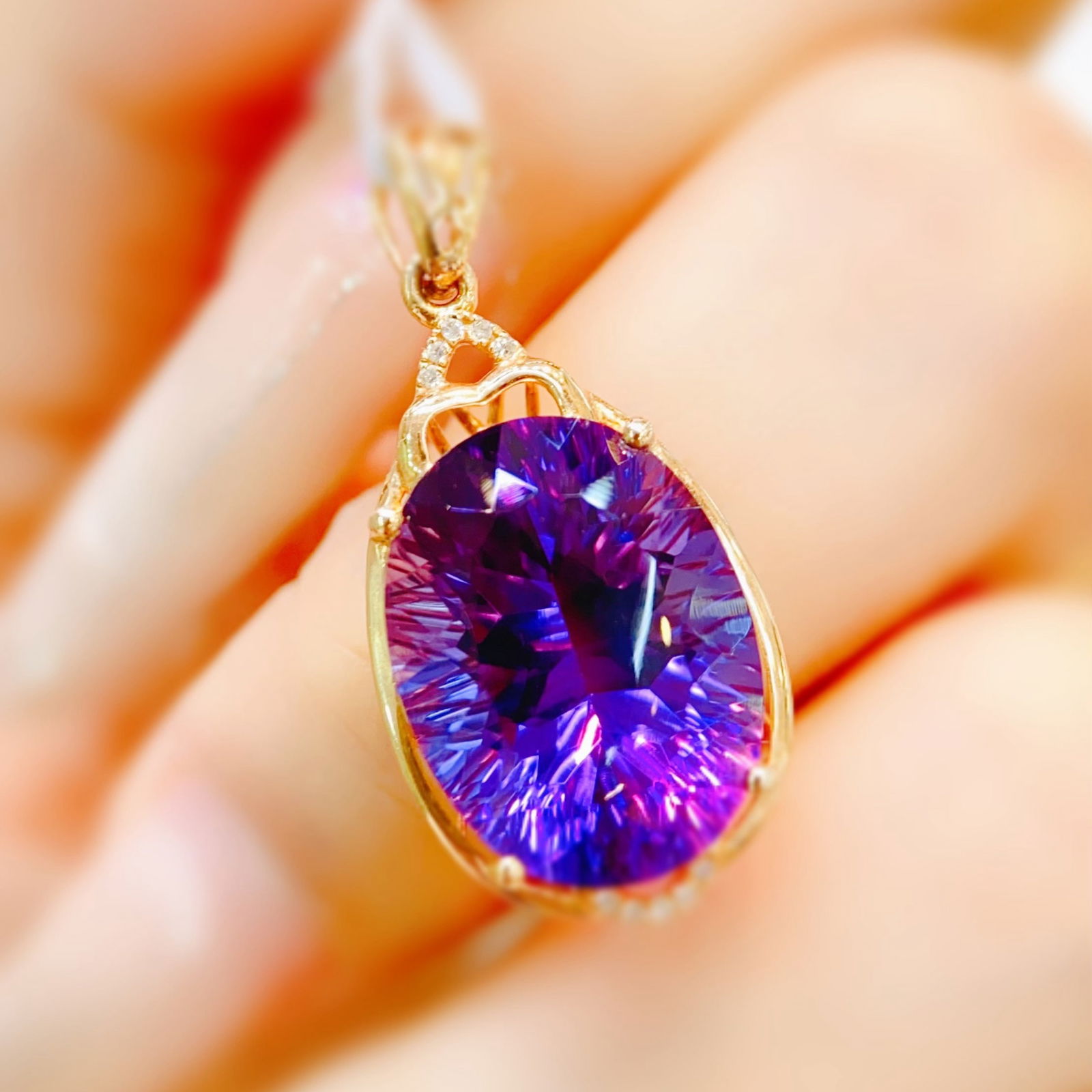 14k Gold 9.38 Ctw Natural Amethyst & Diamond Pendant( Without Chain ) - 2