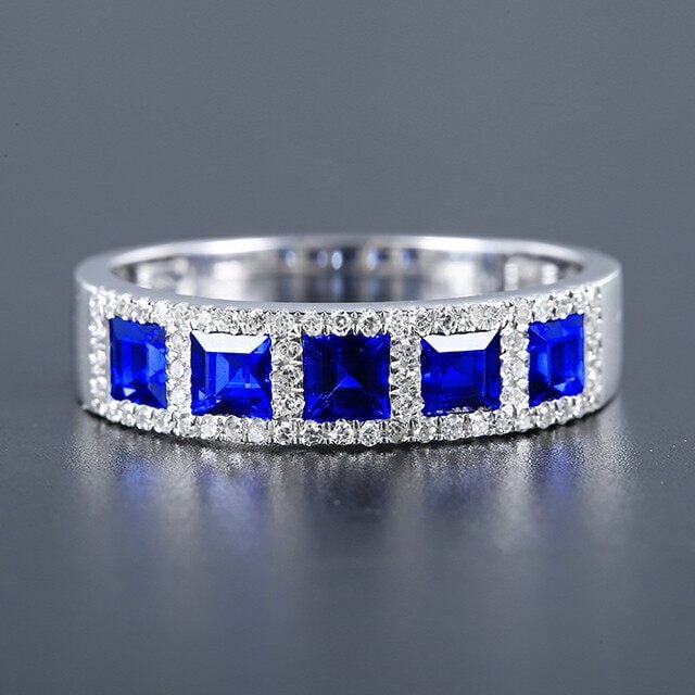 14k Gold 1.37 Ctw Natural Sapphire & Diamond Ring: Ref:231133125 // gold content:14k gold // ring size:7. 25us // // main gemstone:sapphire // shape:square // carat weight:1. 18ct // color:blue // treatment:natural // // adjacent gemstone 2 :