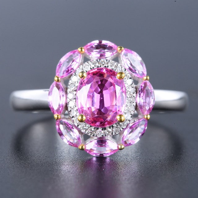 14k Gold 1.20 Ctw Natural Sapphire & Diamond Ring: Ref:231133126 // gold content:14k gold // ring size:7. 25us // // main gemstone:sapphire // shape:oval // carat weight:1. 13ct // color:pink // treatment:natural // // adjacent gemstone 2 :