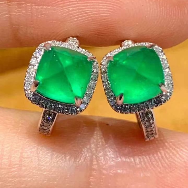 14k Gold 2 Ct Natural Emerald & Diamond Earrings - 2