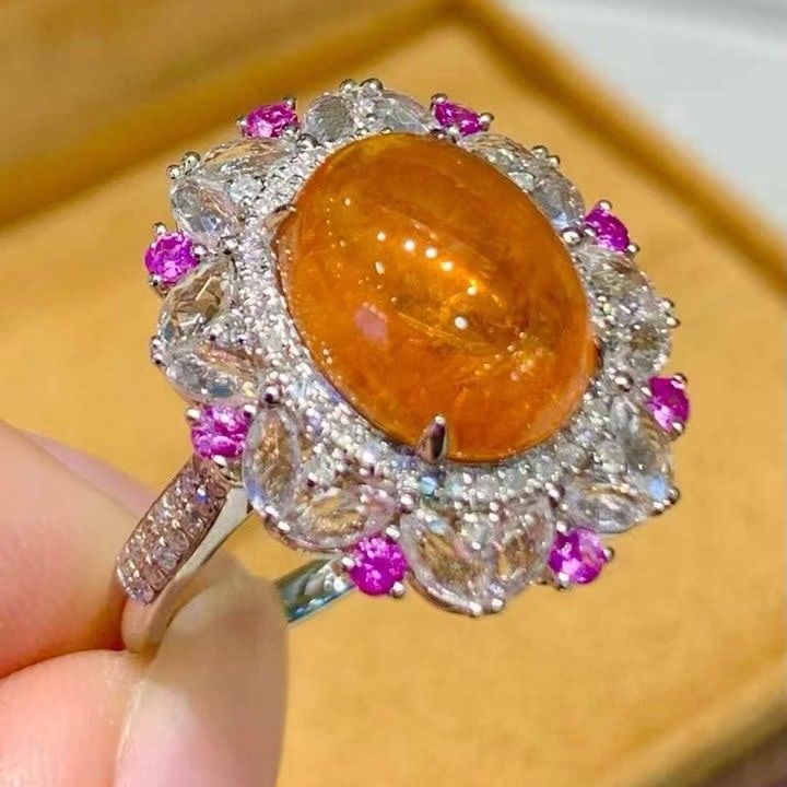 14k Gold 6.35 Ct Natural Spessartine & Diamond & Coloured Gemstone Ring - 4