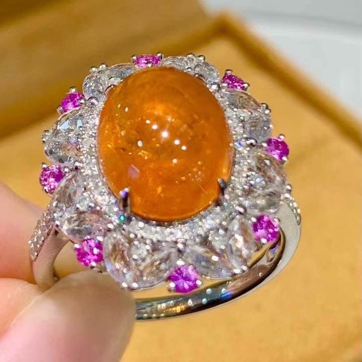 14k Gold 6.35 Ct Natural Spessartine & Diamond & Coloured Gemstone Ring - 6