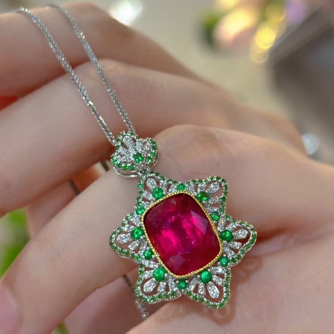 14k Gold 5.00 Ct Natural Tourmaline & Diamond & Tsavorite Pendant( Without Chain ) - 2