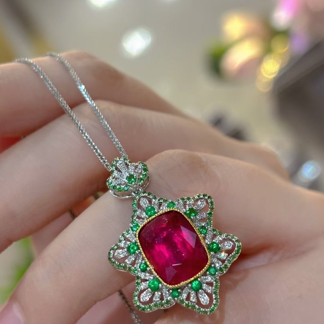 14k Gold 5.00 Ct Natural Tourmaline & Diamond & Tsavorite Pendant( Without Chain ) - 3