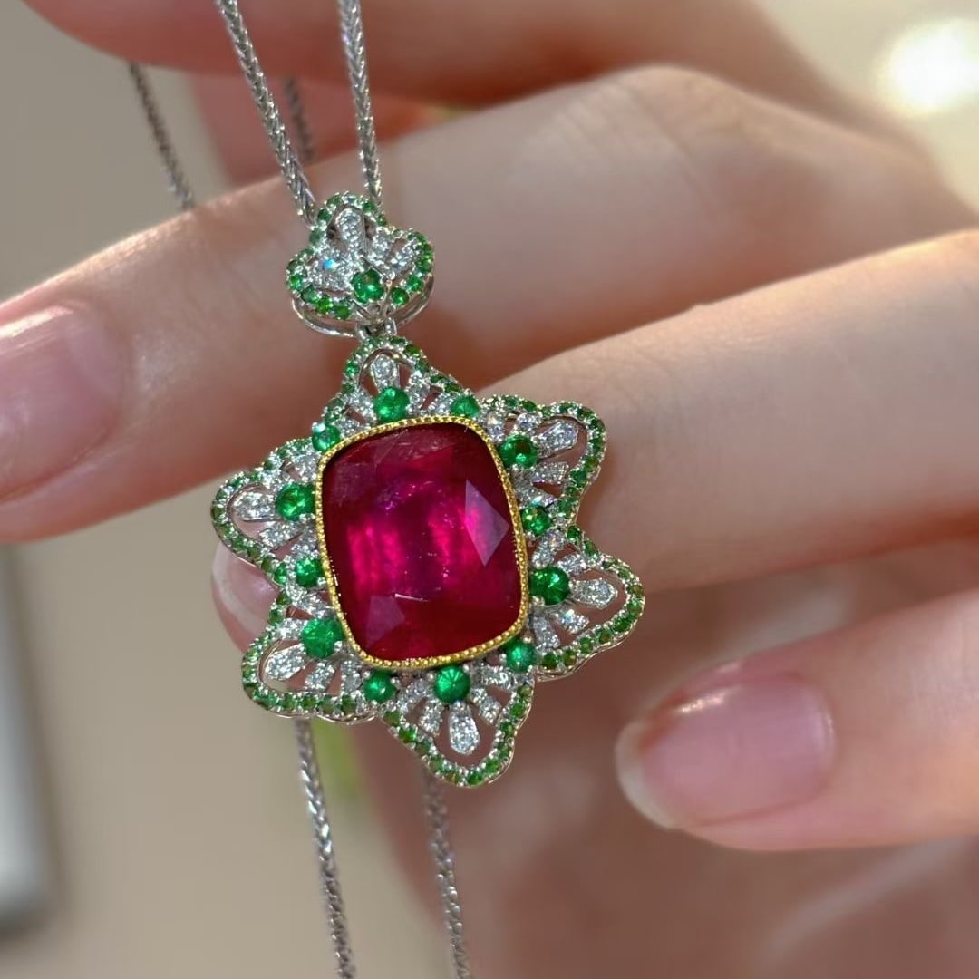 14k Gold 5.00 Ct Natural Tourmaline & Diamond & Tsavorite Pendant( Without Chain ) - 4