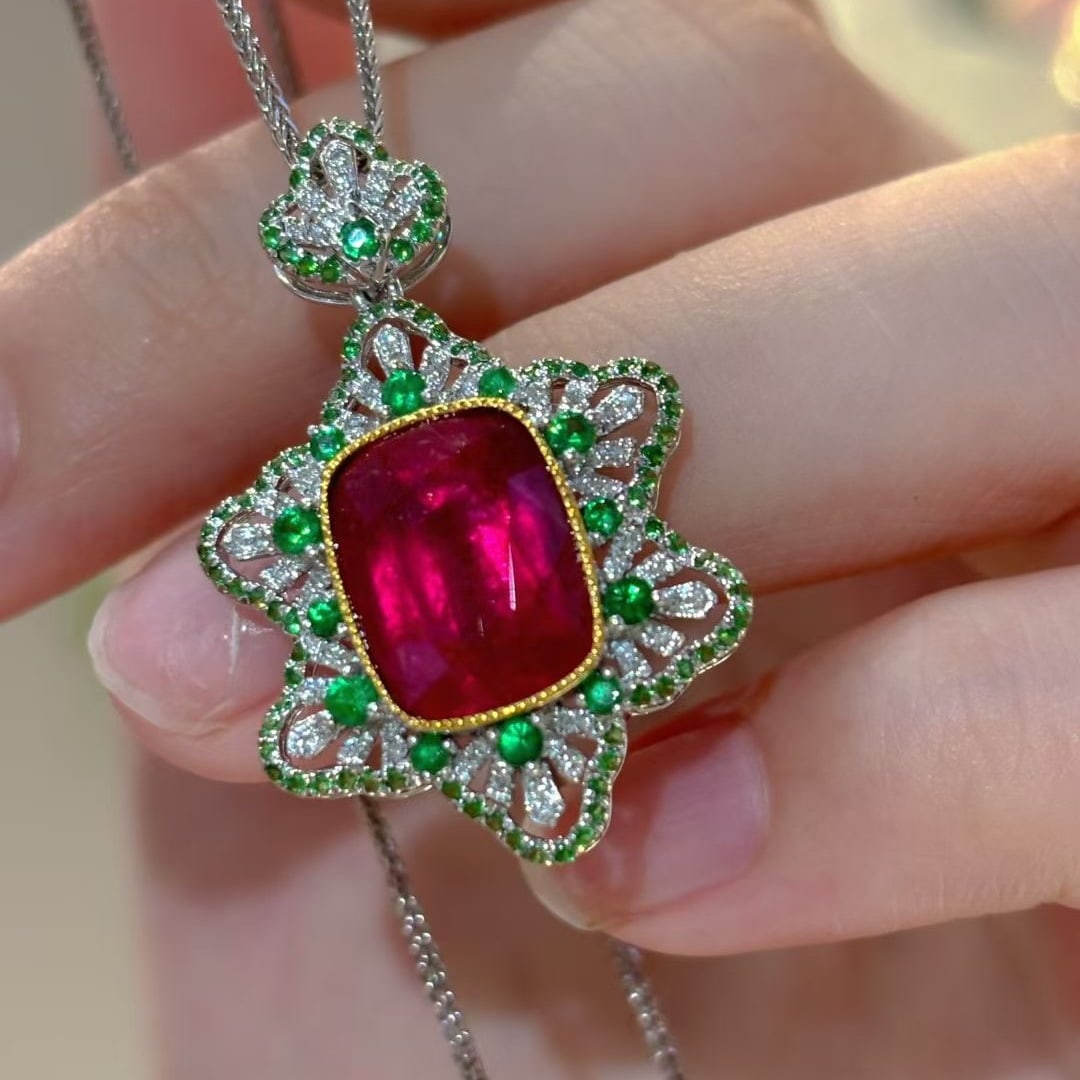 14k Gold 5.00 Ct Natural Tourmaline & Diamond & Tsavorite Pendant( Without Chain ) - 5