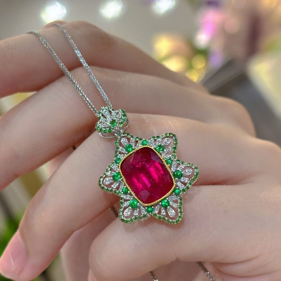14k Gold 5.00 Ct Natural Tourmaline & Diamond & Tsavorite Pendant( Without Chain ) - 6