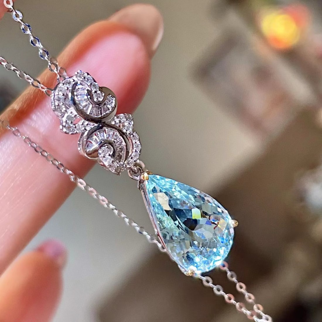 14k Gold 4.0 Ctw Natural Aquamarine & Diamond Pendant( Without Chain ) - 2