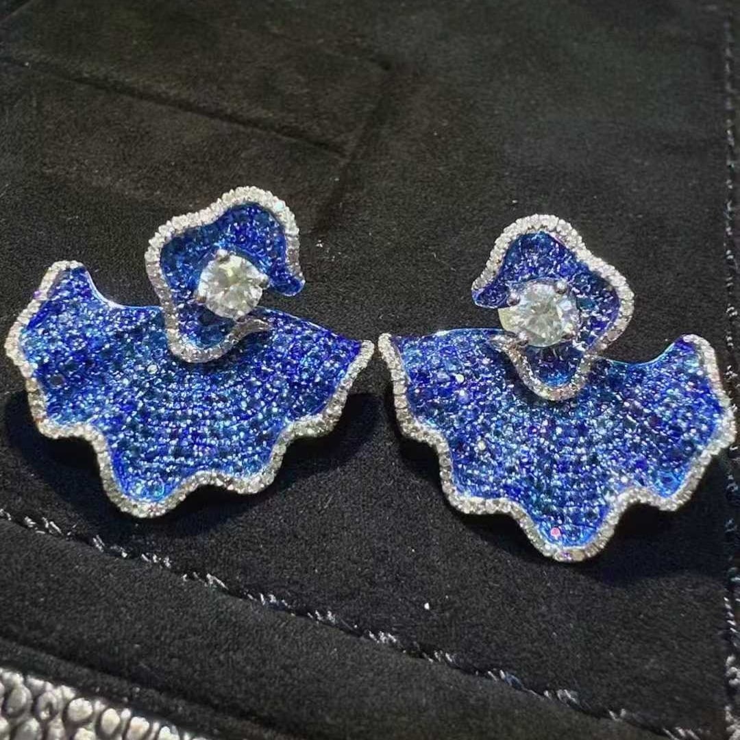 14k Gold 0.6 Ct Natural Sapphire & Diamond Earrings - 3